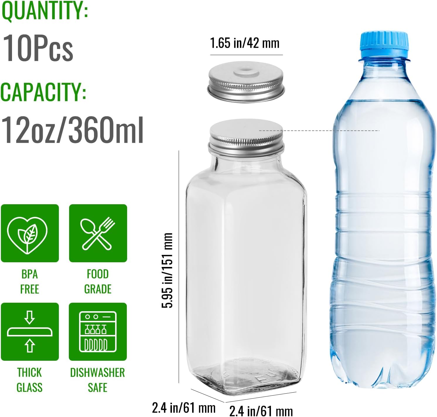 12 oz 10 Pack Glass Juice Bottles with Lids, Leakproof Drinking Jars image 2