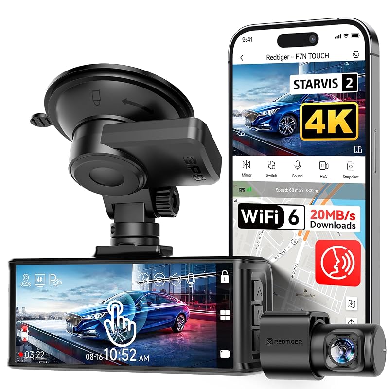 Cámara para auto REDTIGER 4K STARVIS 2, frontal y trasera, WiFi 5GHz de 20MB/s y control por voz