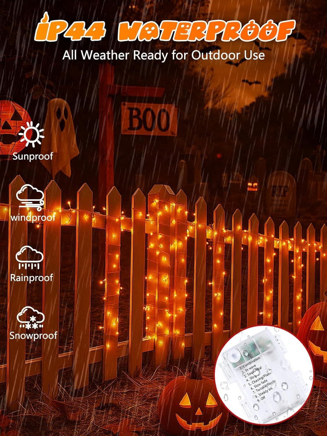 Lot de 2 guirlandes lumineuses d'Halloween à piles avec minuteur, 200 DEL, étanches, avec 8 modes pour intérieur et extérieur, fête, chambre à coucher, décorations d'Halloween