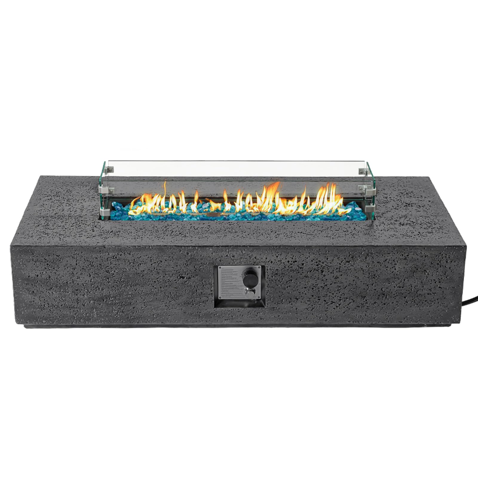 SUNBURY Outdoor Travertine Fire Pit Table, Propane Burning FirePit, 56x28 inch Square Patio Fire Table 50,000 BTU Fire Pit for Outside with Waterproof Cover and Blue Glass Stones, Light Gray