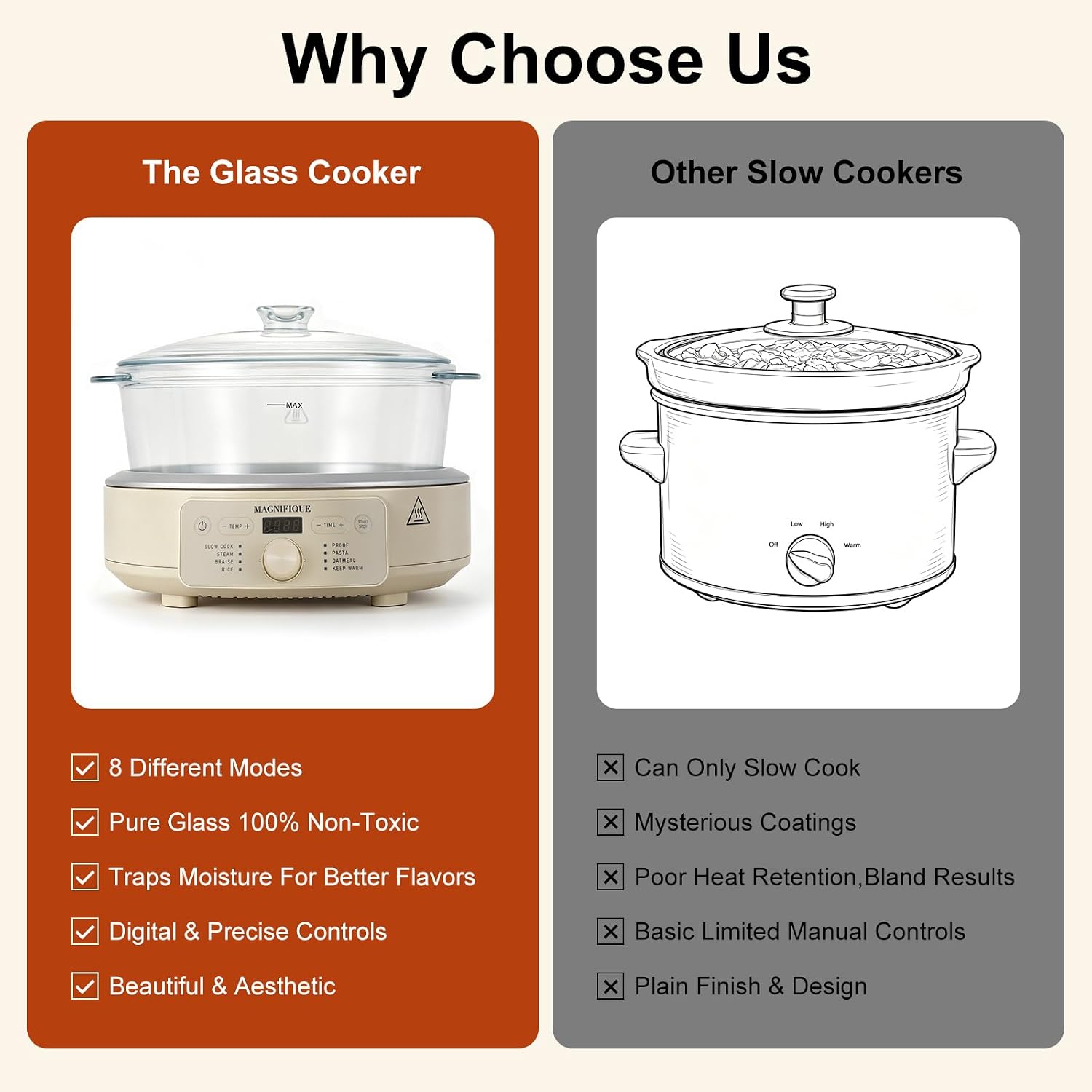 5 Quart Claypot Multi-Cooker, with 8-in-1 Casserole Programmable Round Slow Cooker, Dutch Oven, Pasta, Nonstick Oven Safe Pot to 450°F, Oatmeal