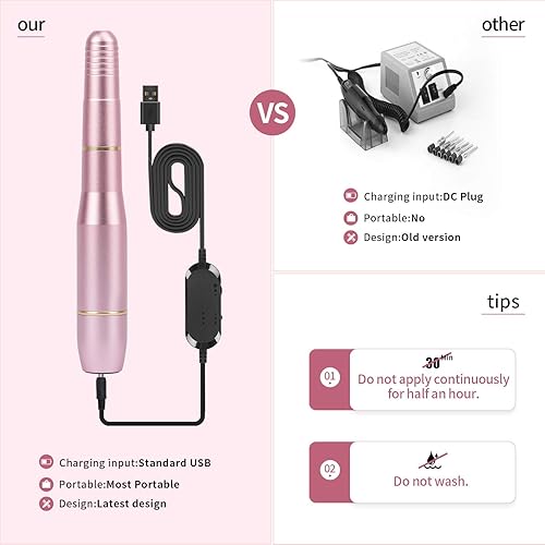 Miniatura 3 de DMD Kit de taladro de uñas eléctrico portátil para inmersión profesional, 20000 RPM, máquina USB para eliminación de uñas acrílicas, con una rebaba