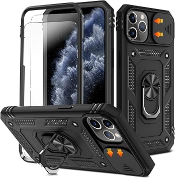 for iphone 11 Pro Case with Camera Cover Slider, 2*Screen Protectors,Build in 360 Rotating Ring Kickstand, Military Grade Protective Case for iphone 11 Pro 5.8"-Black