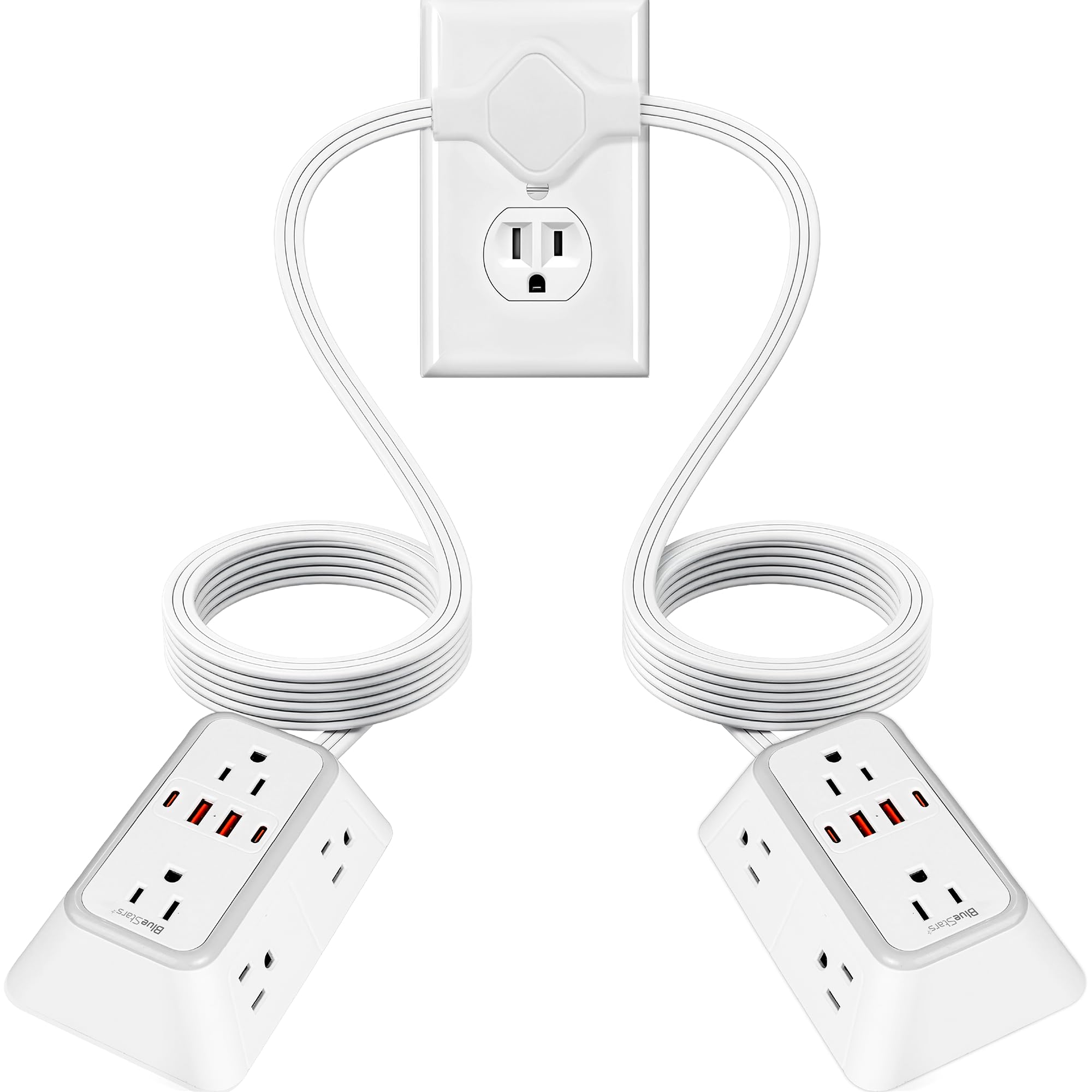 BlueStars Twin Extension Cord Splitter 12 Ft, Dual 10-in-1 Power Strip | Flat Plug Power Strip 12 AC Outlets, 4 USB-A & 4 USB-C, 15A 1875W, 1050J Surge Protector, ETL Listed