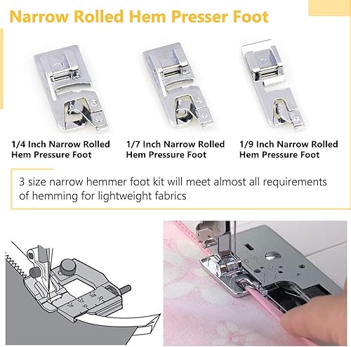 Miniatura 5 de YICBOR El juego de 8 pies para máquina de coser incluye 3 pies de dobladillo ancho, 3 pies prensatelas de dobladillo enrollado estrecho, pie de
