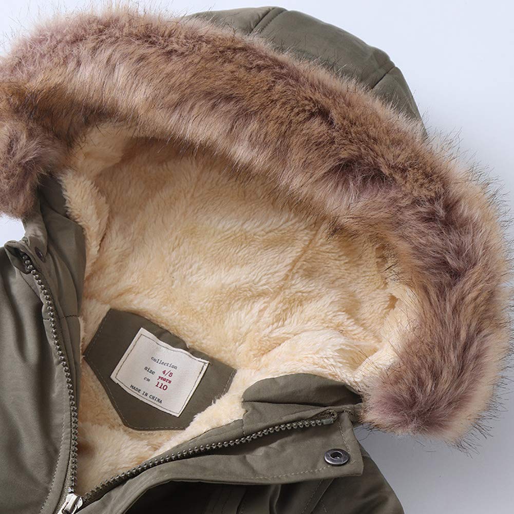 Chaqueta de Invierno Ropa Cazadora para Niños, Resistente al Viento, con Capucha, de Forro Polar Grueso, para Exteriores, de Algodón, Cuello de Piel, Monocolor, Verde, 152/158 cm