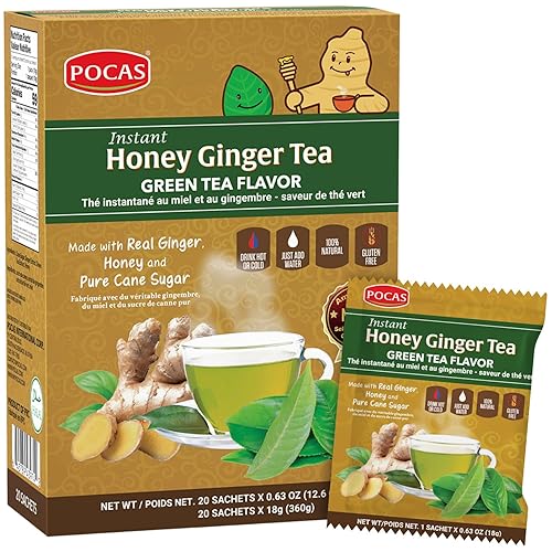 Pocas Honey Ginger - Té instantáneo en polvo, sabor a té verde, extracto de jengibre y miel real, 20 paquetes por caja