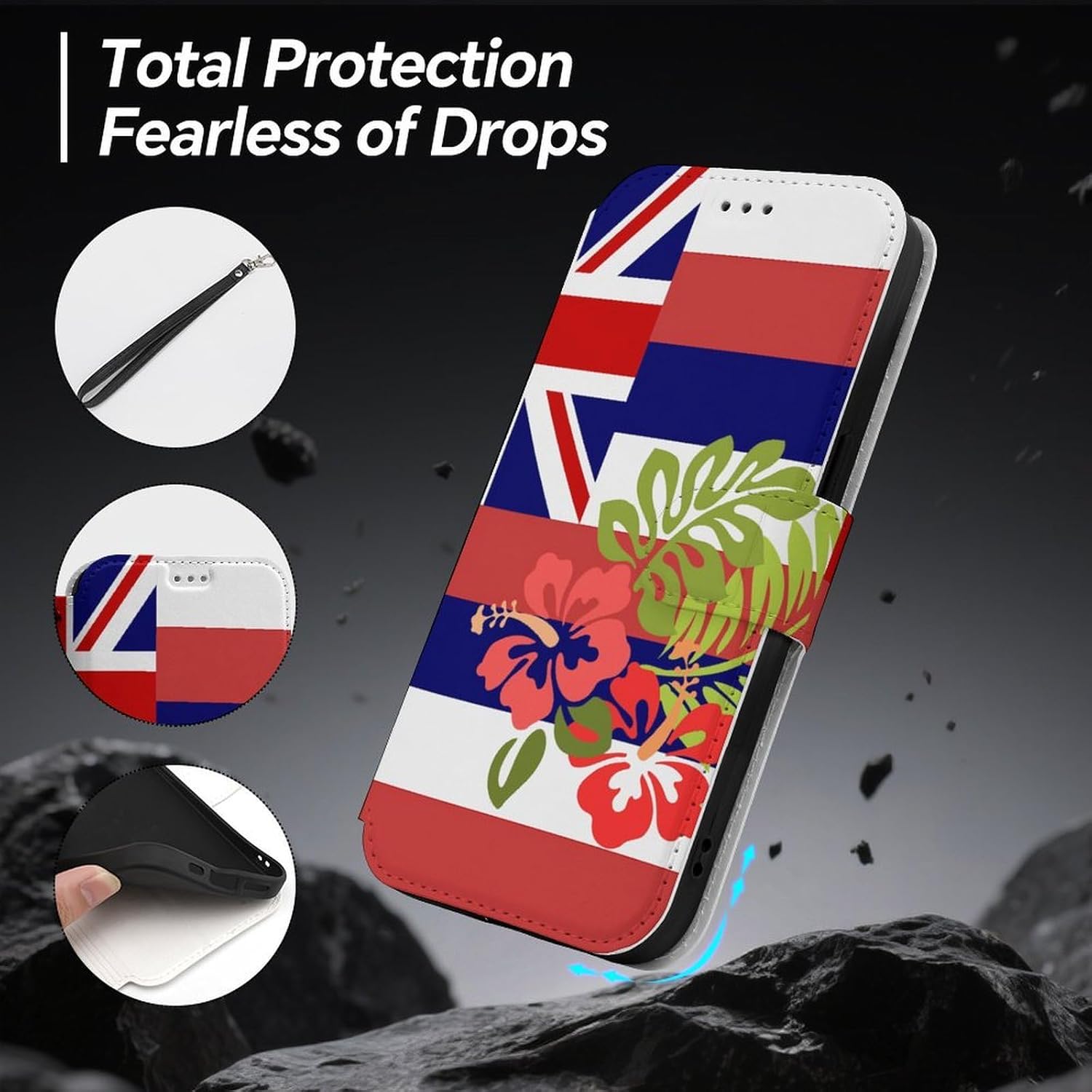 Hawaii Hawaiian Flag Tropical Plants Compatible with iPhone 16/16 Plus/16 Pro/16 Pro Max/16 E Case Phone Wallet Card Holder Flip Cover with Wrist Strap