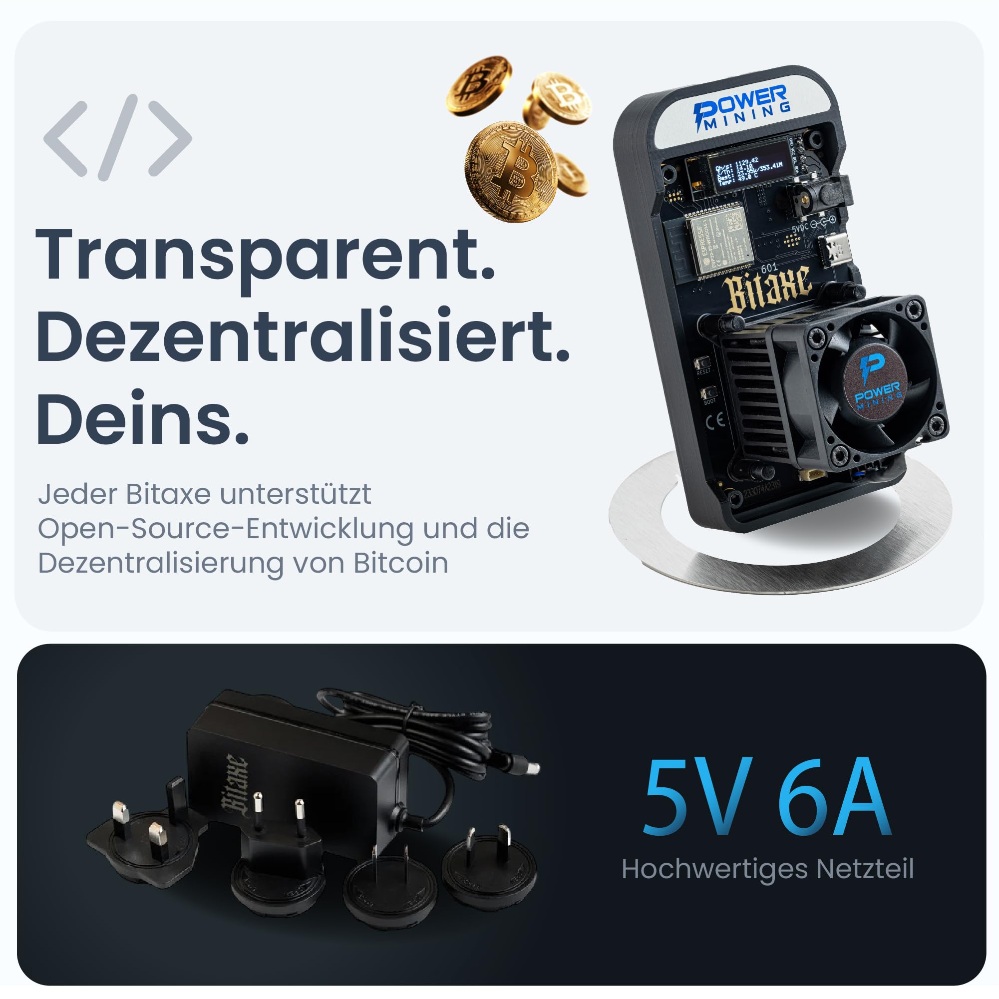 Bitaxe Gamma 602 ASIC Bitcoin Miner | 1.1 TH/s @ 18W | BM1370 (Antminer S21 Pro Chip) | Wi-Fi | USB-C | AxeOS | Open Source | Made in Europe | Inkl. Netzteil & Standfuß