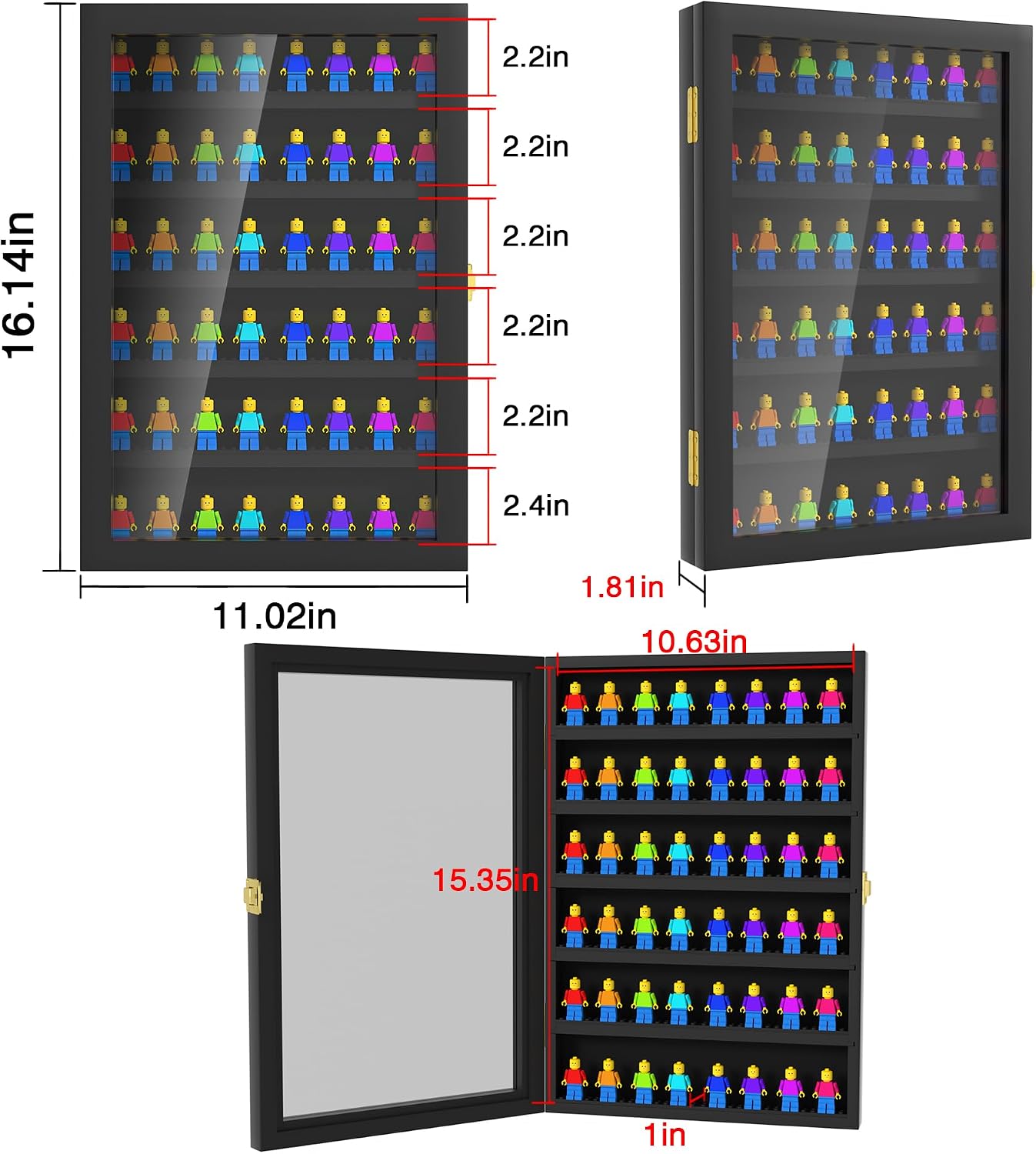 6 Layers Minifigure Display Case for Lego, Building Wall Display Cabinet Showcase for Small Miniature Collectibles Mini Brands, Wall-Mounted Display Case with Lockable Door, Black Finish Frame