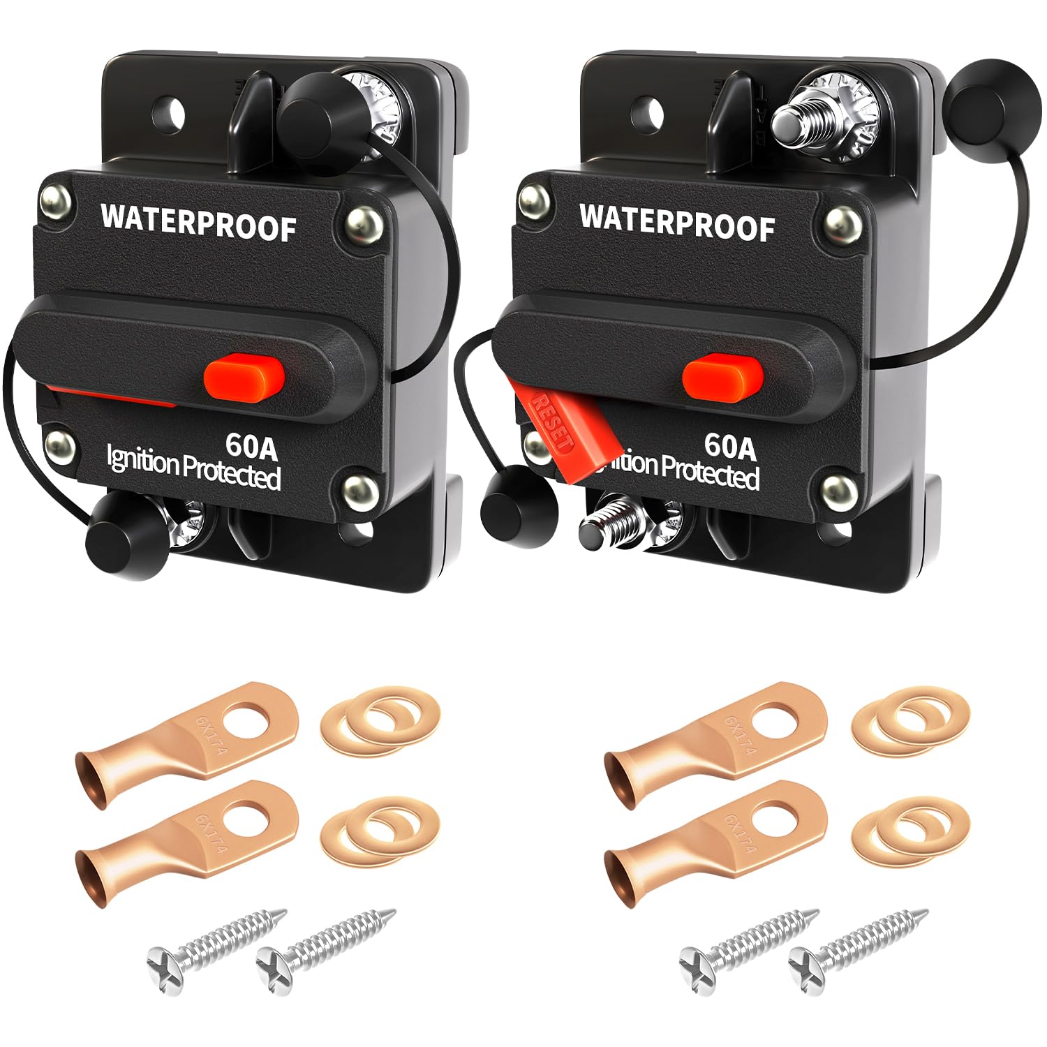 60Amp Circuit Breaker Waterproof Marine Motor Accessory for Boat Trolling ATV Trailer Vehicles Stereo Audio Electronic Battery Solar System Inline Fuse with Manual Reset Switch DC 12V-48V