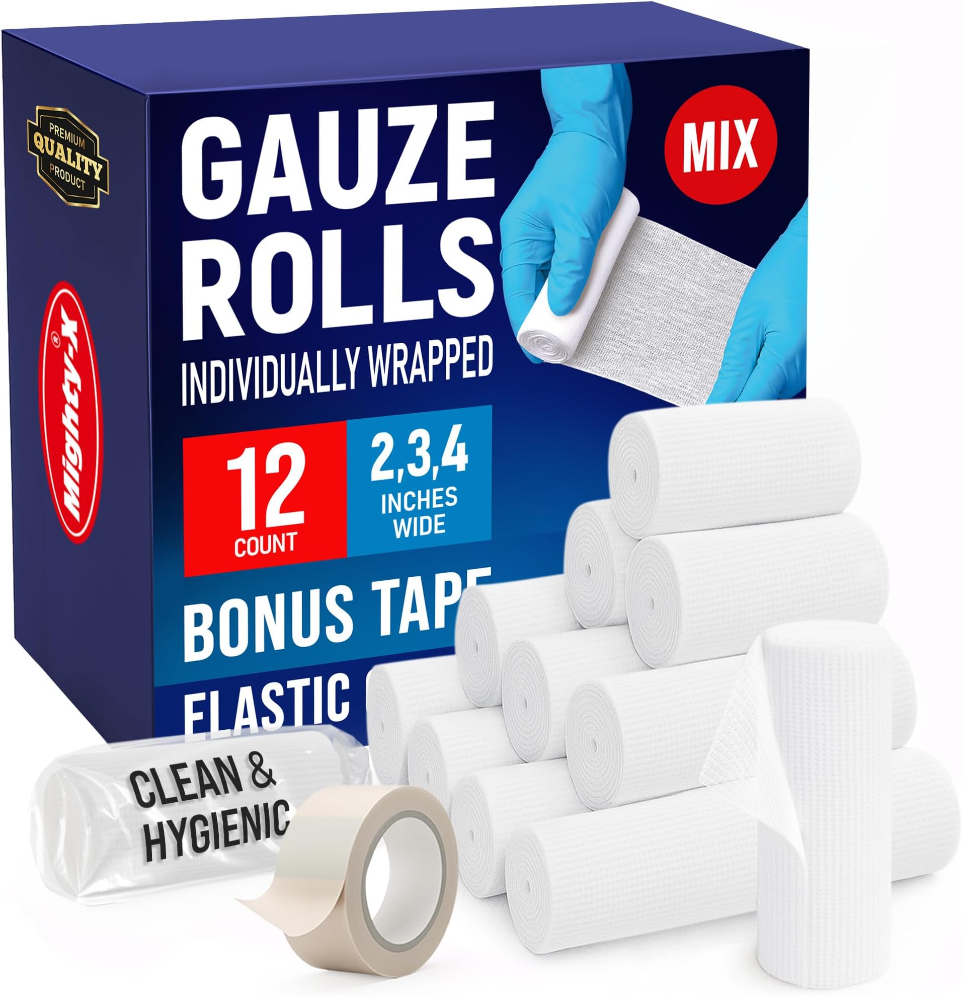 12 Gauze Rolls - [4x2”, 4x3”, 4x4”] - 4.1yd - Soft and Breathable Rolled Gauze - Latex-Free Premium Individually Wrapped Bandages with Bonus Tape - First Aid Conforming Stretch Wrap for Wound Care