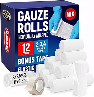 Premium Gauze Rolls - 12pk/3 Sizes - [4x2”, 4x3”, 4x4”] - 4.1yd Length - Individually Wrapped Rolled Gauze for Wounds + Bonus Tape - Conforming & Breathable