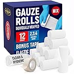 12 Gauze Rolls - [4x2, 4x3, 4x4] - 4.1yd - Soft and Breathable Rolled Gauze - Latex-Free Premium Individually Wrapped Bandages with Bonus Tape - First Aid Conforming Stretch Wrap for Wound Care