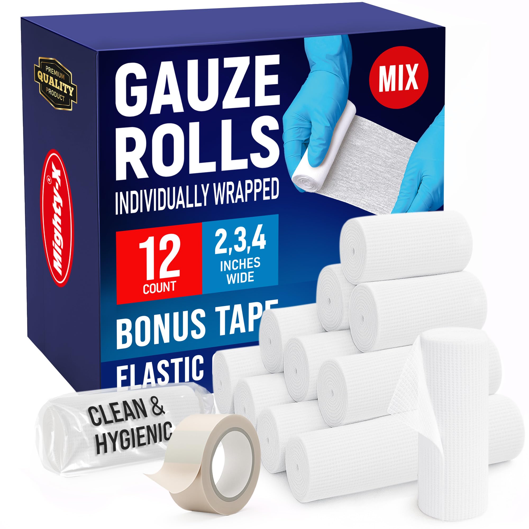12 Gauze Rolls - [4x2”, 4x3”, 4x4”] - 4.1yd - Soft and Breathable Rolled Gauze - Latex-Free Premium Individually Wrapped Bandages with Bonus Tape - First Aid Conforming Stretch Wrap for Wound Care