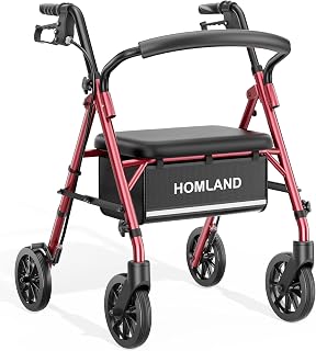 HOMLAND R16 Rollator Walker for Seniors: 16lb Lightweight Folding Seat Walker, 300lb Capacity, 6" Puncture-Proof Wheels, Adjustable Height