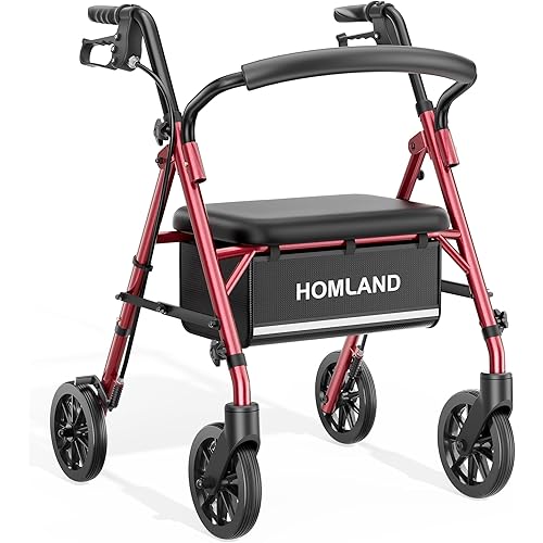 HOMLAND Rollator Walkers for Seniors with Seat - Folding, Lightweight Rolling Walker with Comfortable Wide Seat, Adjustable Height, Removable Backrest, 300 lbs Capacity for Mobility Impaired