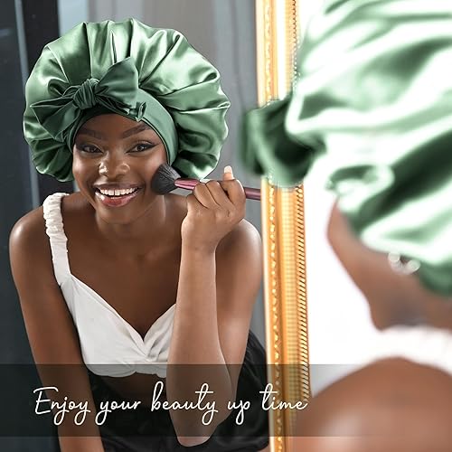 Miniatura 3 de YANIBEST Gorro de satén de seda para dormir, gorro de doble capa con forro de satén con banda de amarre para mujer, cabello rizado natural