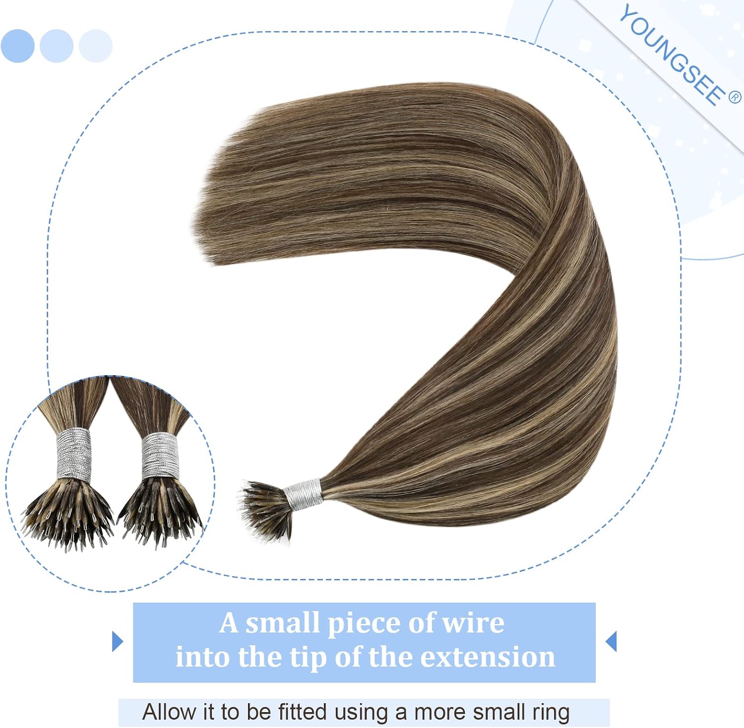YoungSee Nano Beads Hair Extensions Brown 24 inch Nano Hair Extensions Dark Brown Highlight Caramel Blonde Nano Ring Human Hair Extensions for Party Long Straight Cold Fusion 50s 50g - Image 4
