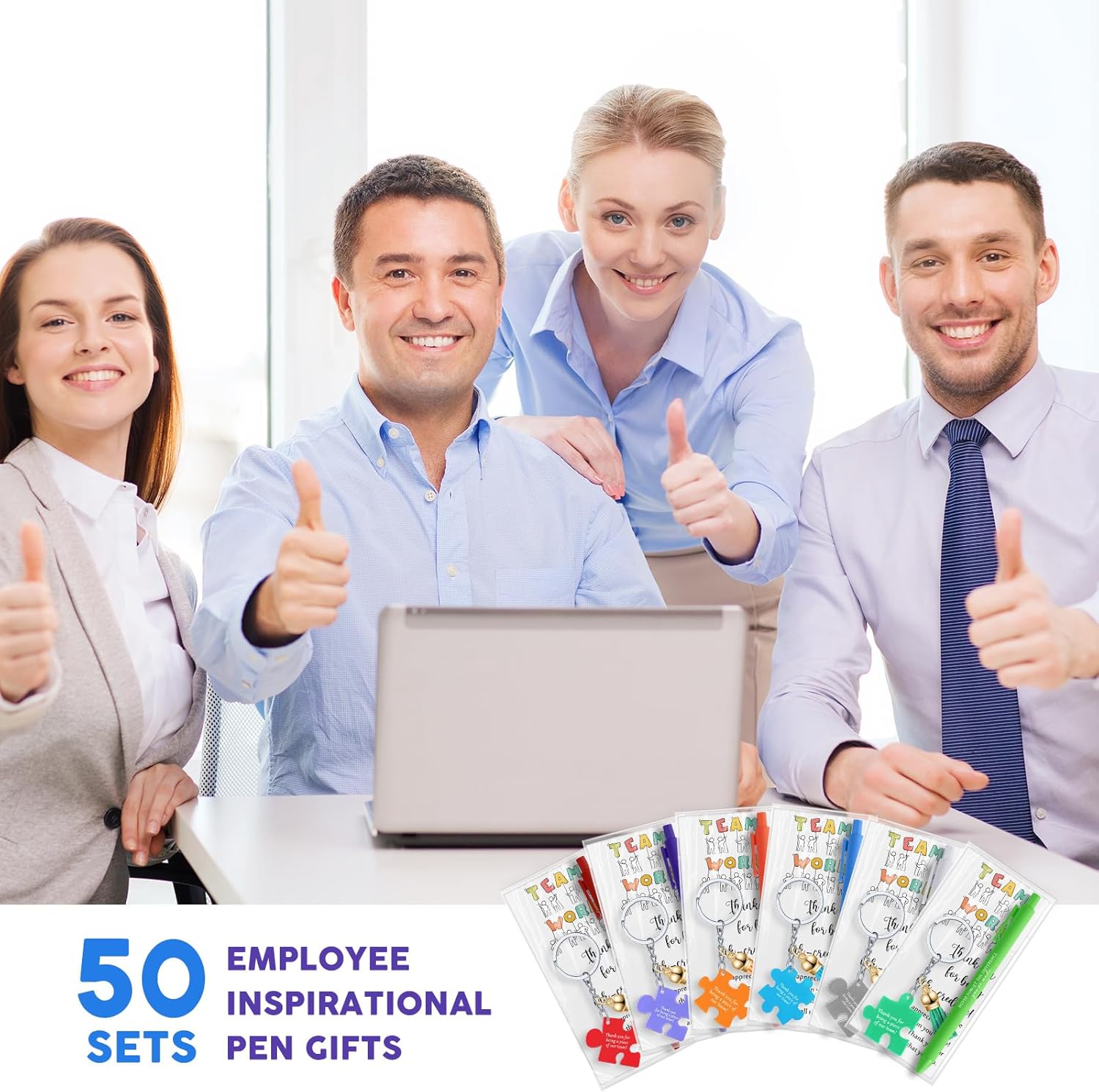 Sayglossy 50 Set Employee Appreciation Gifts Bulk for Teacher Nurse Nursing Assistant Volunteer Admin Staff Office Coworker, Team Work Pens Inspirational Puzzle Piece Keychains & Thank You Cards