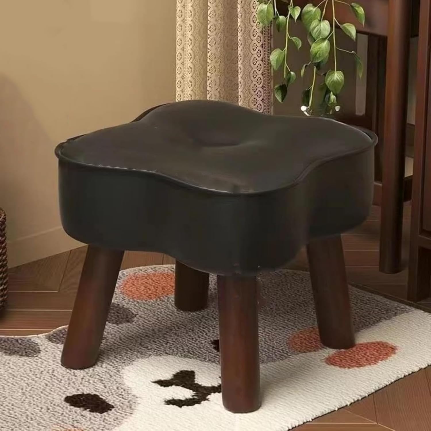 Leather Ottoman Footrest Flower Ssofa Footstool, Small Ottoman Seat Foot Rest Rustic Foot Stools, Wood Upholstered Stool for Living Room Bedroom Couch Patio (Green)/Black