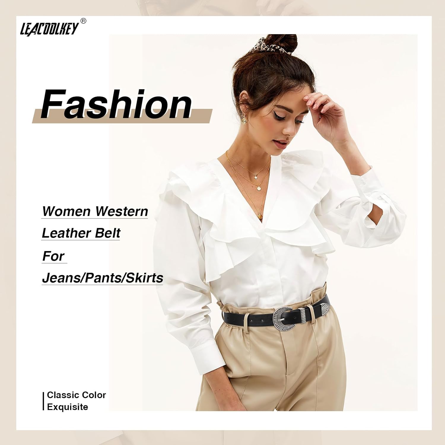 LEACOOLKEY Western Leather Belt for Women Vintage Design Buckle Waist Belt for Jeans Dress - Image 3