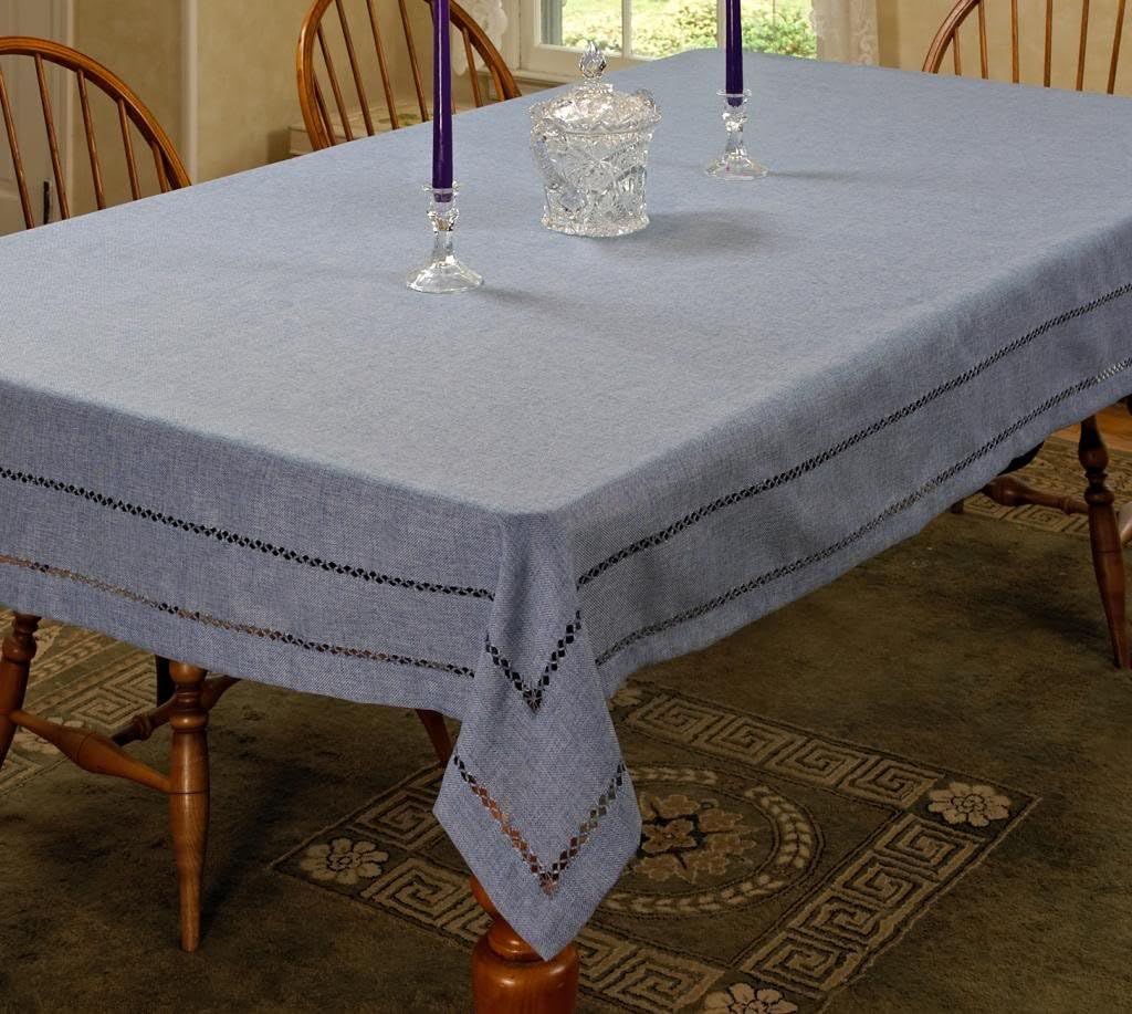 Violet Linen Hem Stitch Embroidered Vintage Design Tablecloth White 68" by 108" Oblong/Rectangle