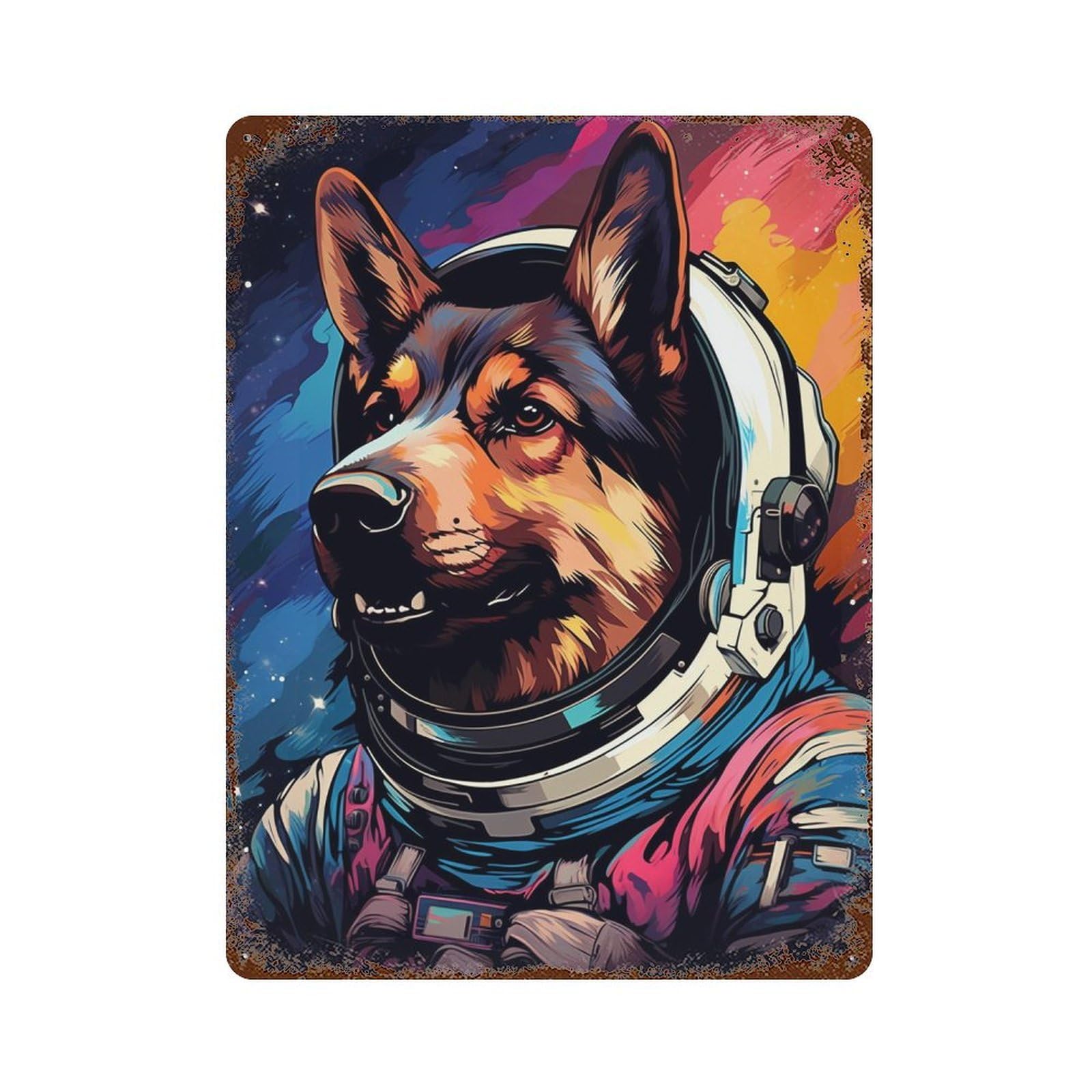 Distressed Metal Wall Sign with Space Dog Explorer-77 Design 15.7"x11.8", for Garage, Bar And Workshop Decor, Vintage Wall Decor