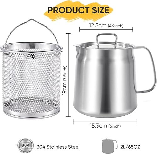 Miniatura 7 de Recipiente de aceite de acero inoxidable 304 de 68 oz2 L, olla de filtro de aceite de cocina con filtro de malla, recipiente de grasa con tapa para