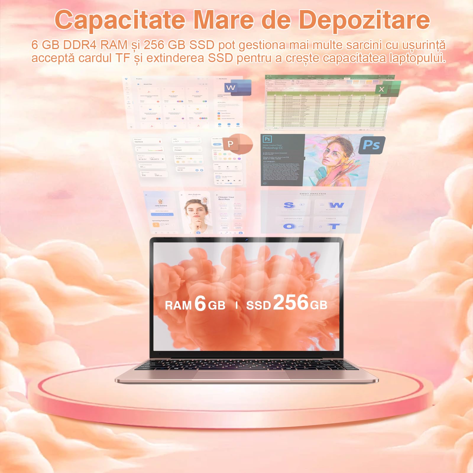 bvate PC Portatile Win 11 Computer 14 Pollici Notebook 6GB+256GB Supporta l' espansione 1TB SSD 2.4G+5G 1080P con mouse senza fili & & Film in lingua siliconica per tastiera(Italiana)-Oro rosa