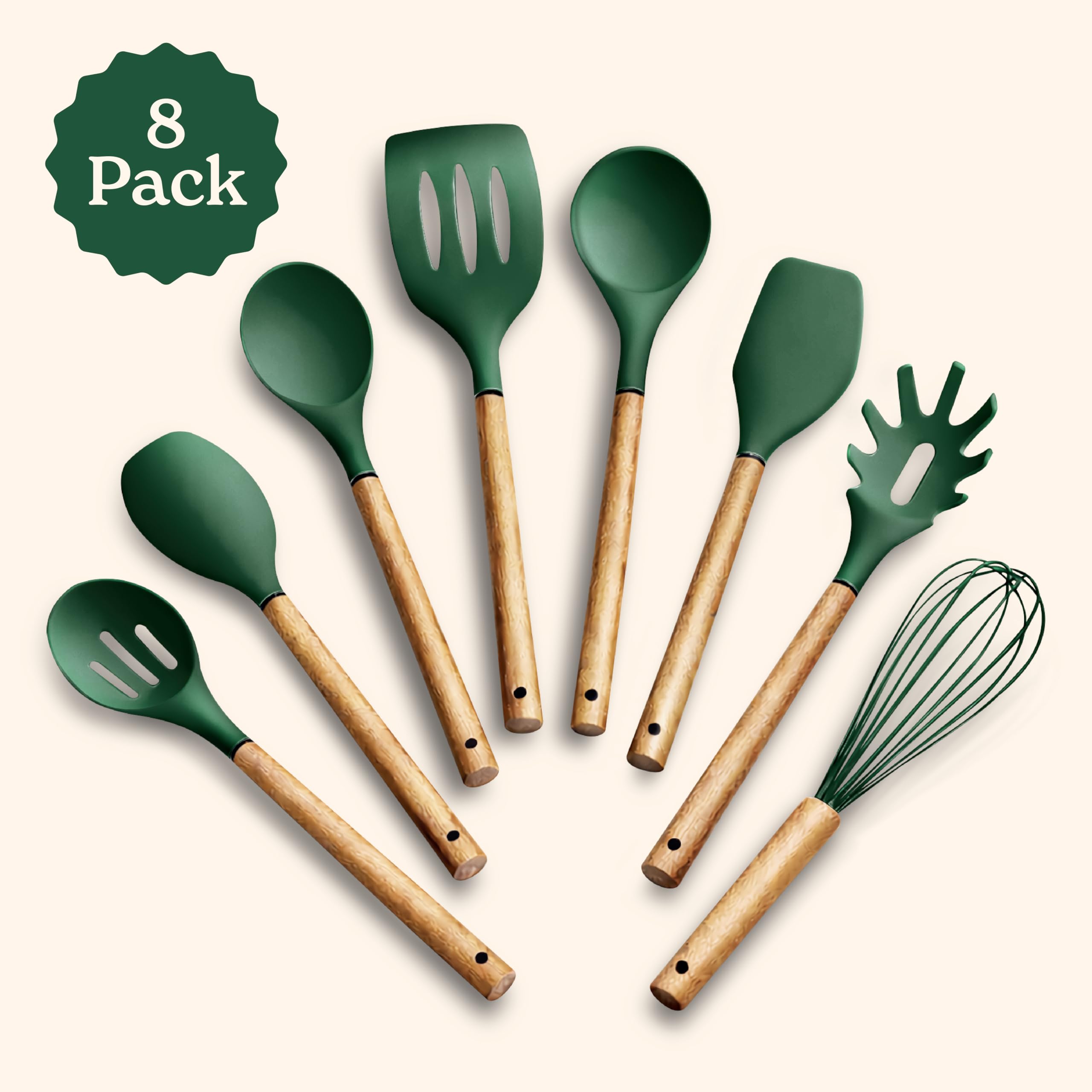 Country Kitchen Antihaft-Silikon-Utensilien-Set mit abgerundeten Holzgriffen zum Kochen und Backen, 8-teiliges Set, Grün