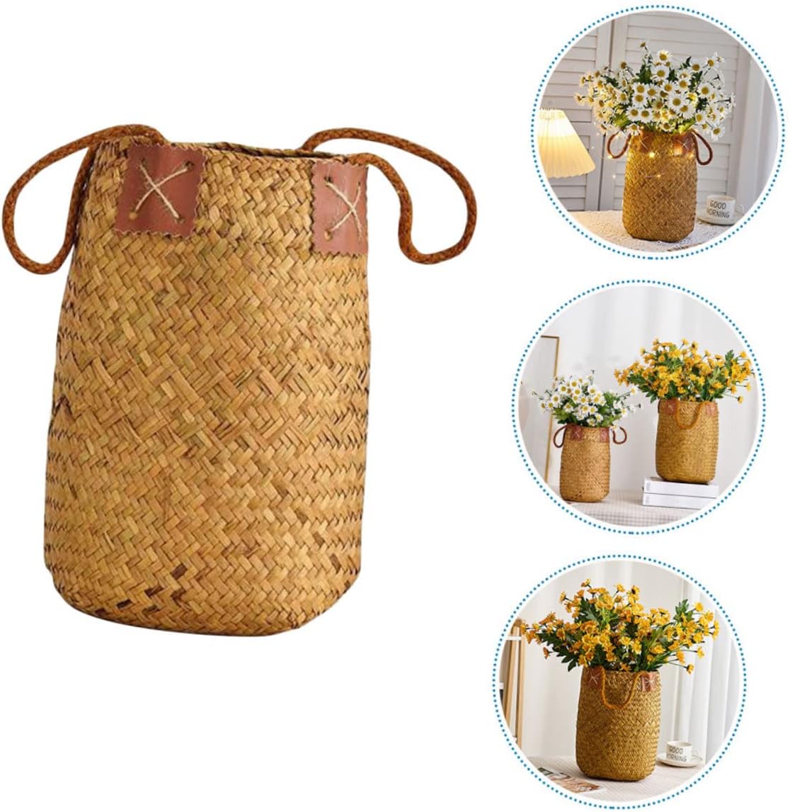 OUNONA 2pcs Hand-woven Rattan Storage Basket Decorative Flower Basket Rustic Style Portable for Living Bedroom