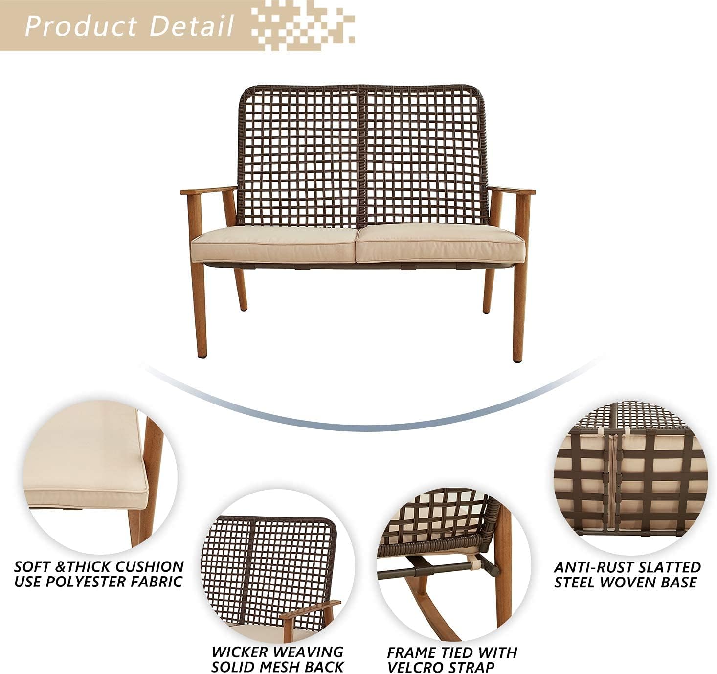 Outdoor Loveseat Patio Furniture Rattan Wicker Bench with Seat Cushions and Wood-Like Top Coffee Table for Porch Yard, Khaki