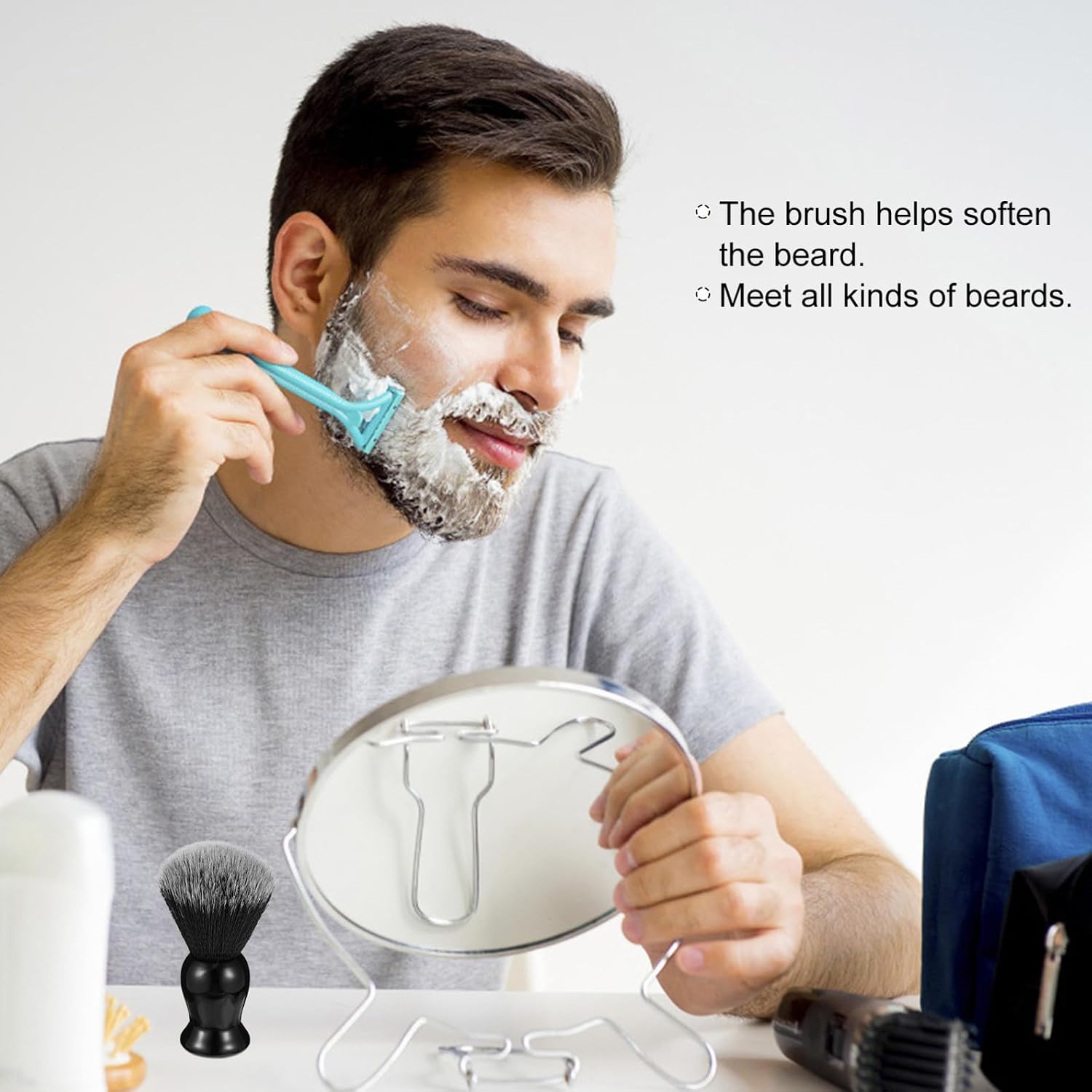 Beard Care Brush with Black Dual-color Nylon Bristles, Wooden Handle Long Handle Shaving Brush for Men’s Grooming, Barber Accessory for Salon and Personal Beard Shaping