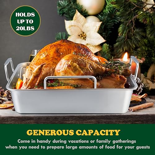 Miniatura 4 de E-far Asador de pavo de acero inoxidable de 16 x 11.5 pulgadas con estante plano y en forma de V, no tóxico y resistente, apto para lavavajillas,