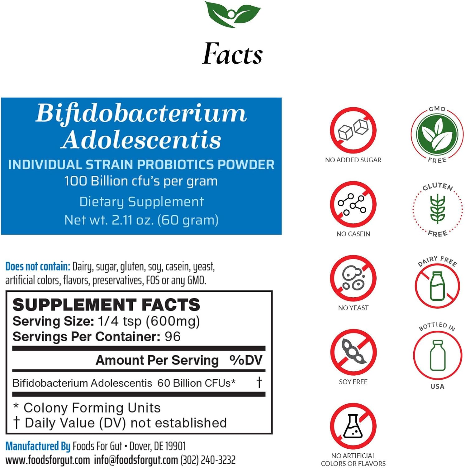 Foods For Gut Bifidobacterium Adolescentis Probiotic Powder 100 Billion cfu's | No Additives | Digestive & Immune Support | High Potency | B. Adolescentis | 60 Grams (2.11 Oz)
