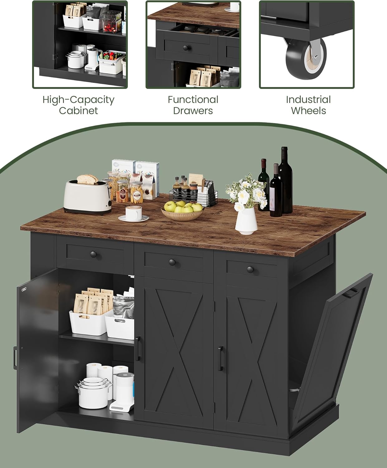 51.2" Movable Kitchen Island Table with Foldable Top, Kitchen Island Cart with Storage, Trash Bin Cabinet, 2 Drawers, Spice Rack, Shelf Adjustable, Black and Rustic Brown MZD03BF
