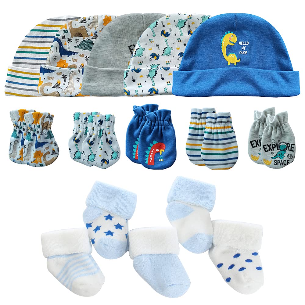 MAMIMAKA Ensemble de vêtements en coton pour nouveau-né, casquettes, mitaines et chaussettes en éponge, chaussettes épaisses et chaudes, gants pour 0 à 6 mois