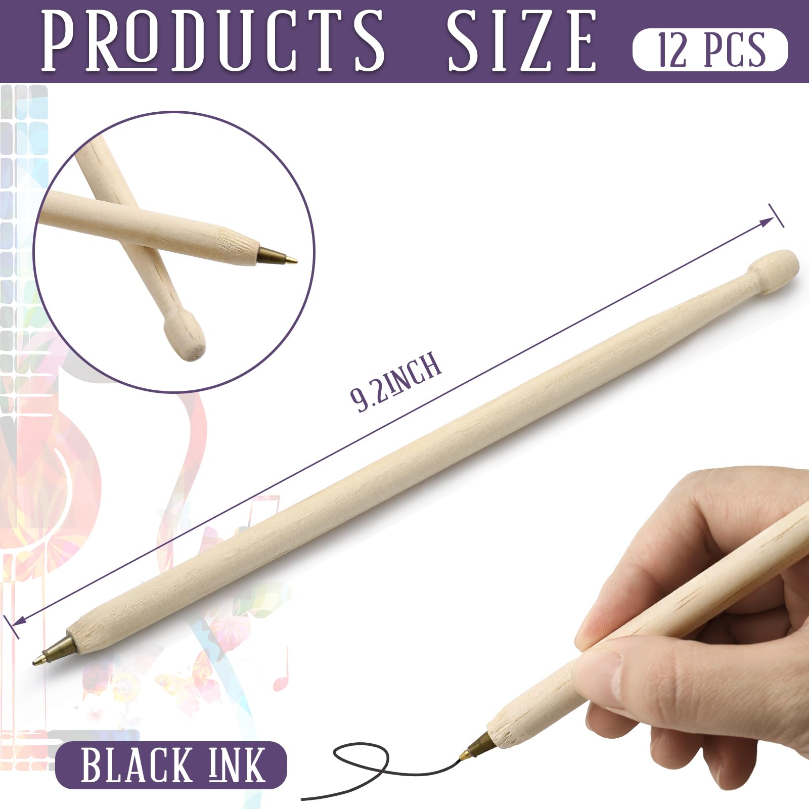 Sayglossy 12 baquetas de madera, bolígrafos divertidos con forma de baqueta, bolígrafos de música, regalos para bateristas, desde kit de papelería hasta kit de batería, suministros de oficina