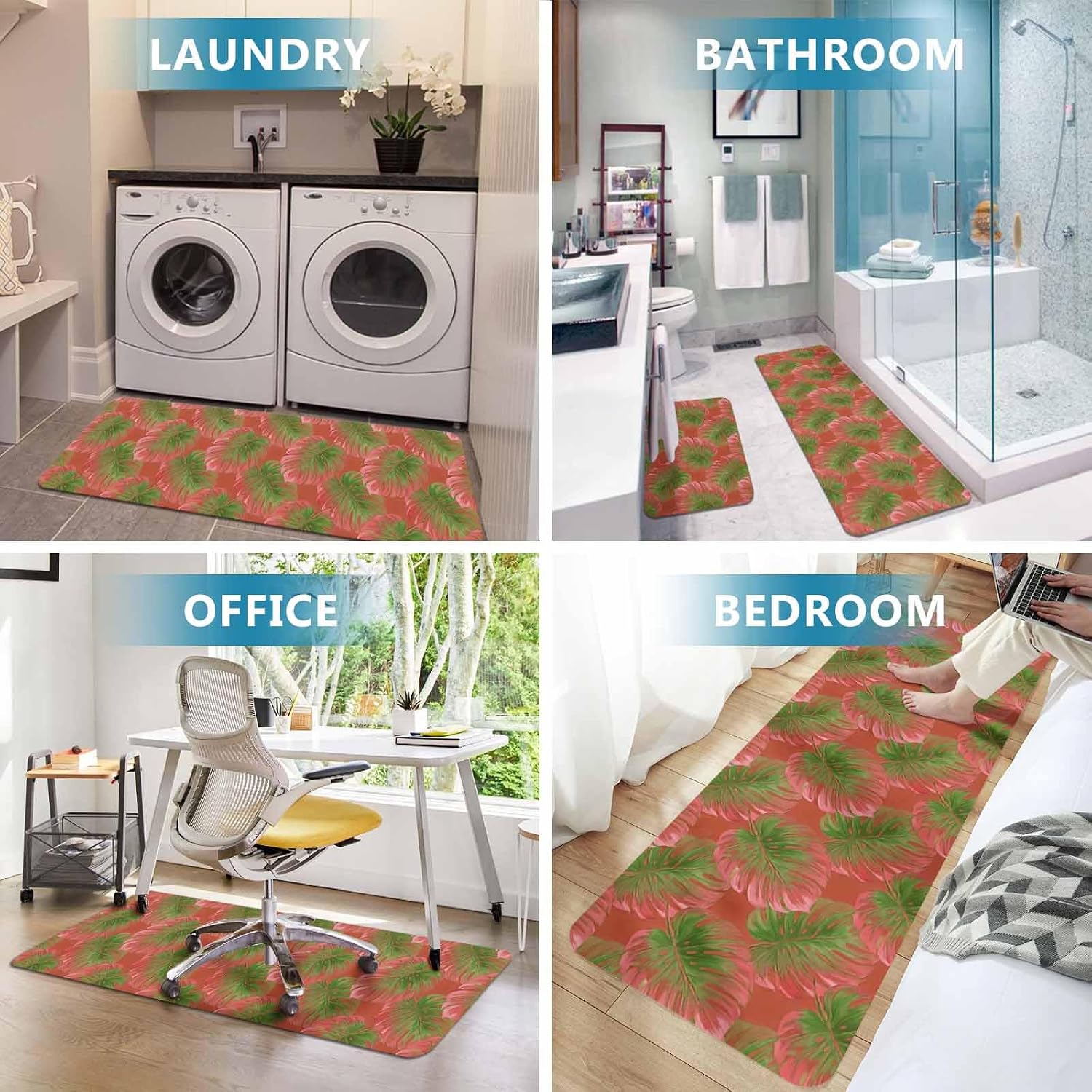 Prime Leader Monstera Leaf Kitchen Mat Set 2 Pieces Tropical Botanical Coral Red Green Summer Non Slip Kitchen Rugs Washable Runner Rug Mats for Floor Sink Laundry Office 19.7" x 31.5"+19.7" x 63"