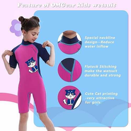 Vista 13 de OMGear Traje de neopreno corto de neopreno de una pieza para niños, de 0.18 pulgadas, 0.118 pulgadas, manga corta, con cremallera trasera, traje