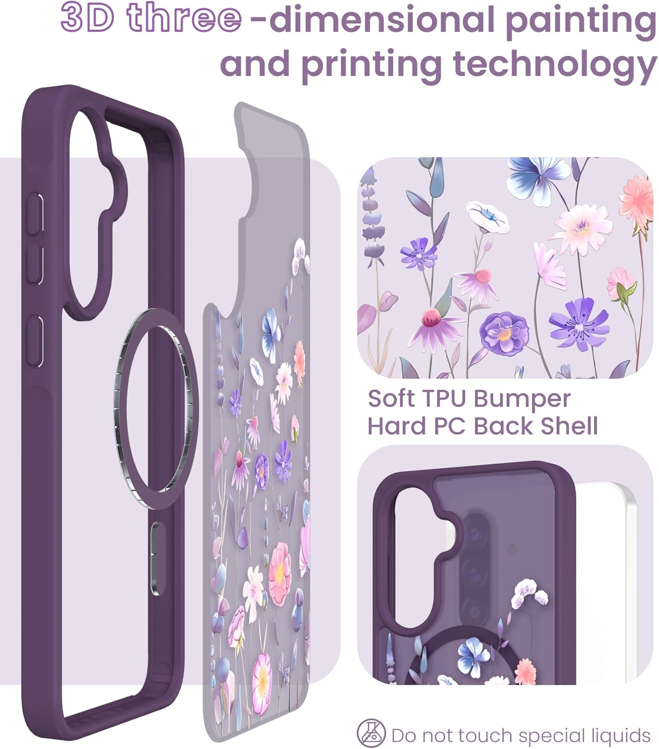 for Samsung Galaxy A36 5G 6.7 inch Floral Phone Case with 2X Screen Protector, Military Grade Magnetic Translucent Matte Girls Women Flower Pattern Protective Cover for A36 5G (Deep Purple) - Image 4