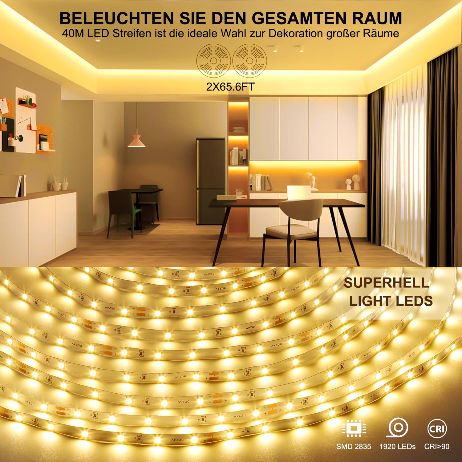 Wefomey Striscia LED 40 m, luce bianca calda, 3000 K, dimmerabile, 24 V, autoadesiva, 2835, flessibile, fai da te, 1920, con alimentatore di rete e telecomando RF per interni e cucina