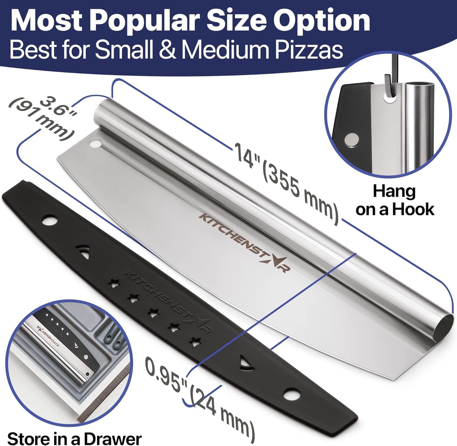 KitchenStar 14-Inch Pizza Cutter Rocker Blade - Sharp Stainless Steel Slicer Knife, Protective Cover, Dishwasher Safe, Large - Professional Pizza Oven Accessories