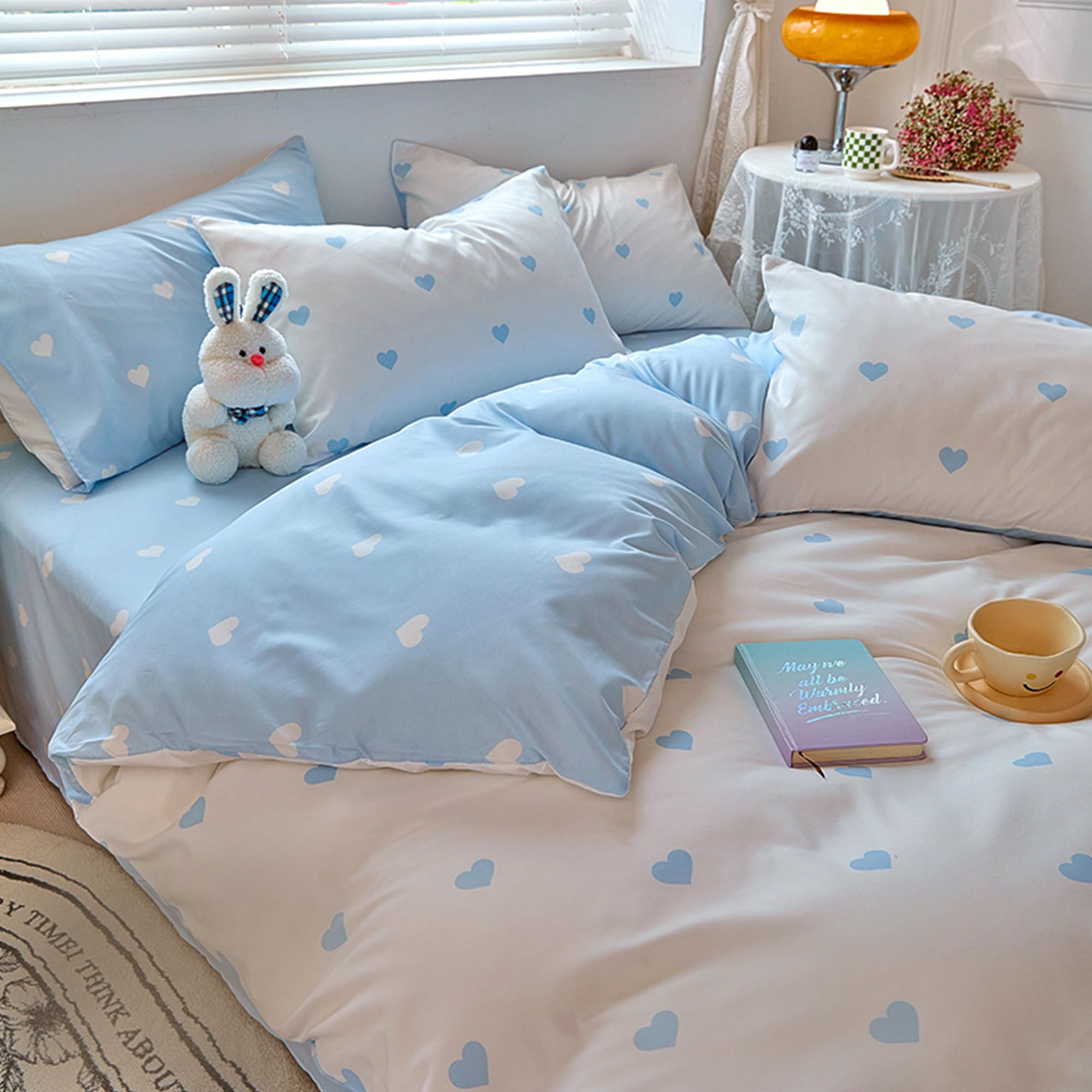 BOLINLIVING Cute Duvet Cover King Size, Light Blue &amp; White Heart Print