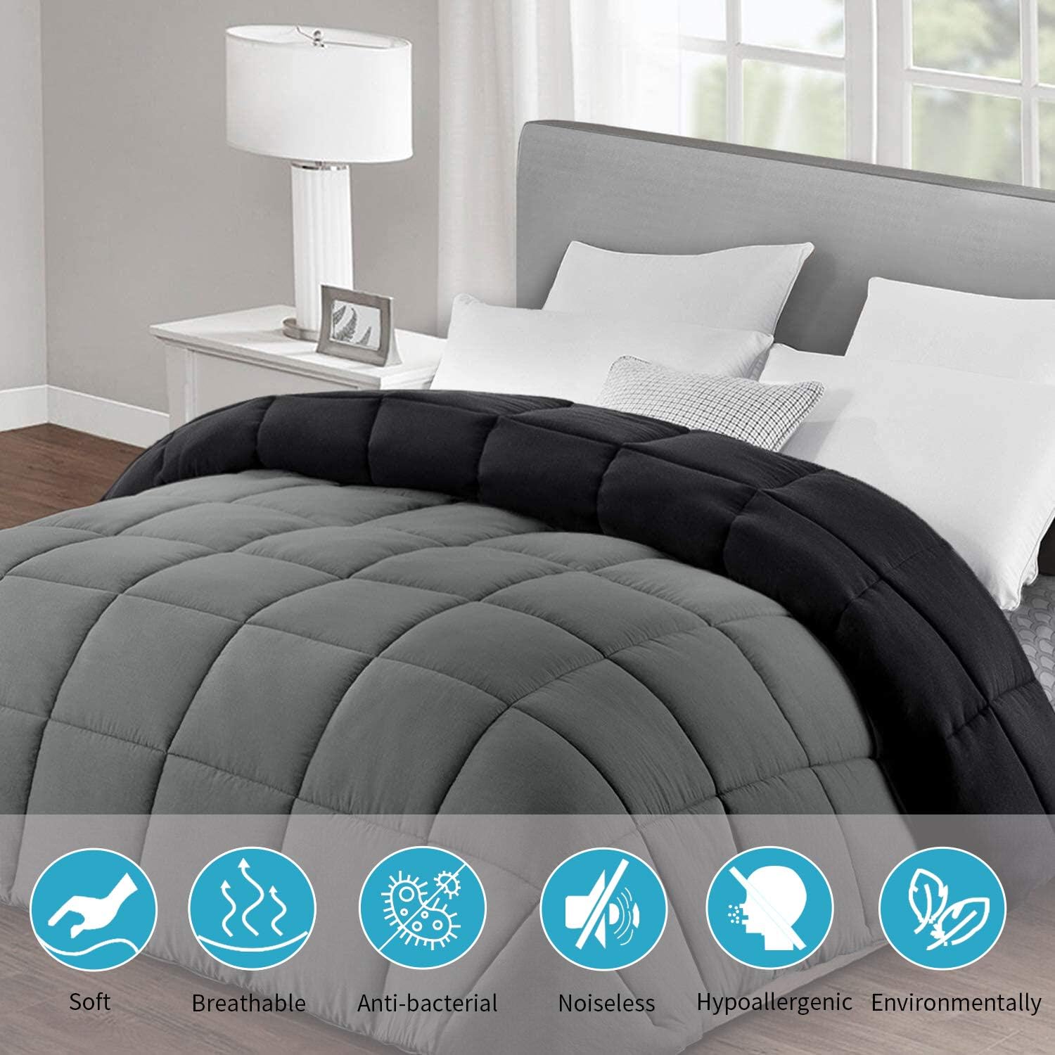 HOMBYS Lightweight Comforters for Twin Bed,Reversible Down Alternative Comforter, Plush Microfiber Filling All Season Grey Black Bedding Duvet Insert for Men, Machine Washable Bed
