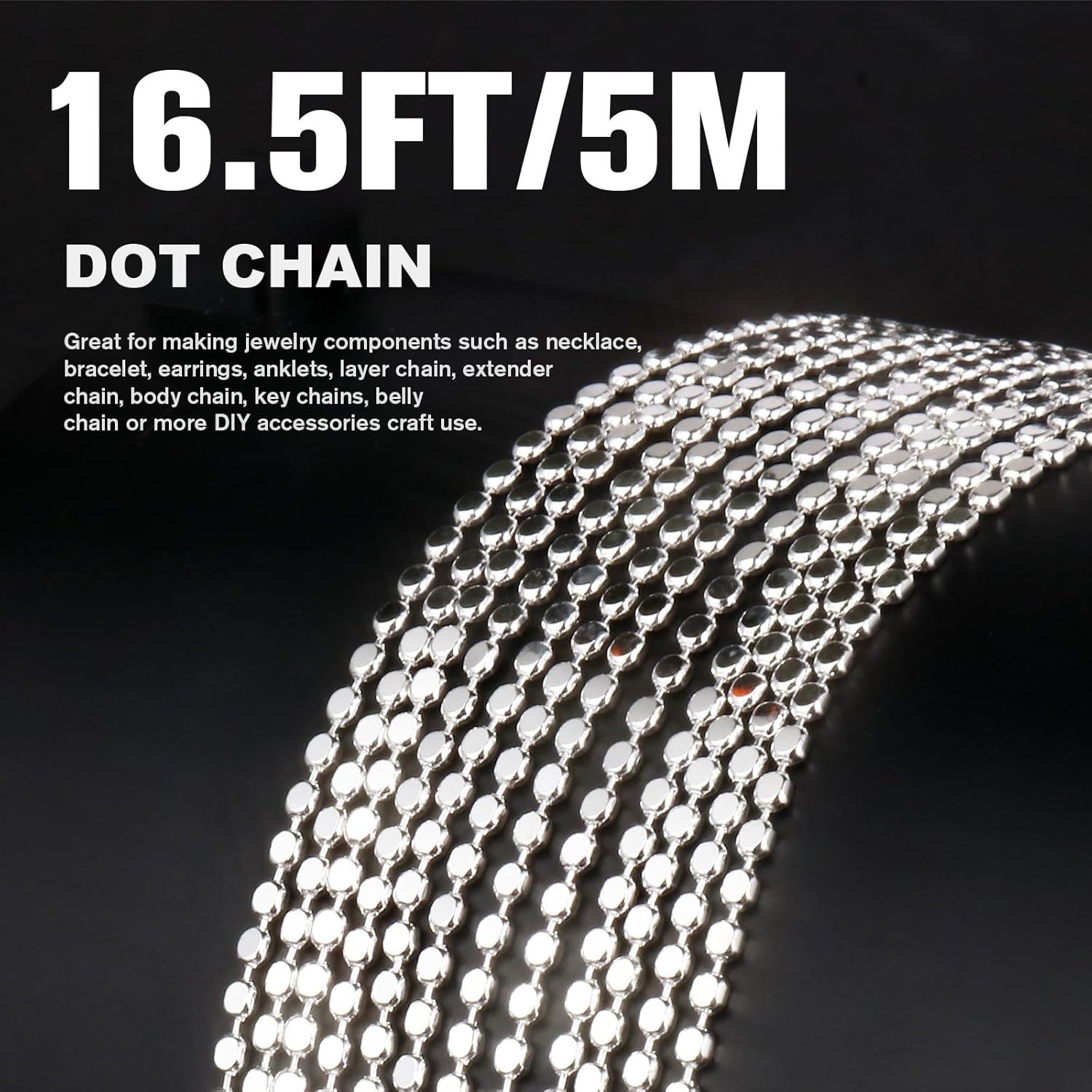 16.5FT Silver Dot Chains Roll, 2.5MM Silver Plated Brass Flat Ball Bead Chains Spool Bulk for Jewelry Making