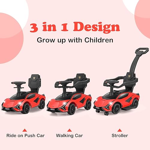 Vista 30 de OLAKIDS Lamborghini SIAN - Automóvil de empuje 3 en 1, con licencia para bebé, con mango de control parental, ruedas universales, juguete para rosa