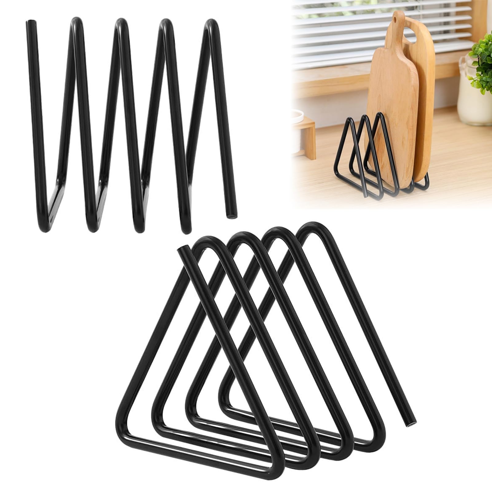 Rikuuui Cutting Board Rack Multi-Function Kitchen Storage Organiser, Triangle Design Easy Access Stand Holder, Fits for Lids Pans Bakeware Home Kitchen Black