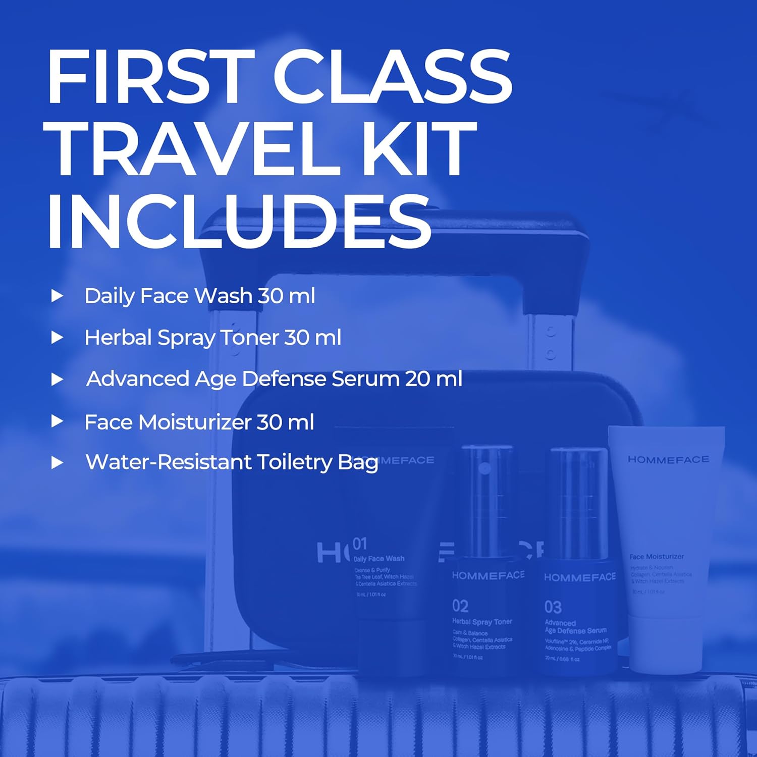 HOMMEFACE Men's First Class Skincare Essentials Travel Kit with Toiletry Bag, 4 Pieces - TSA Approved with Daily Face Wash, Spray Toner, Serum & Moisturizer - Image 2